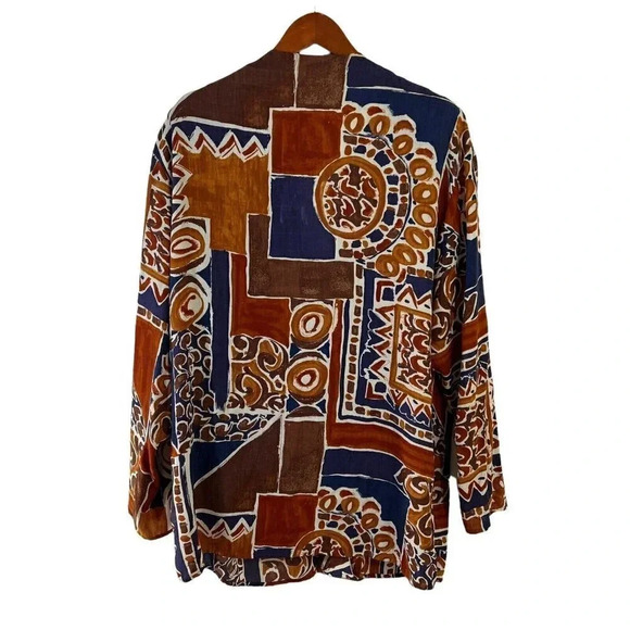 AC Sport Vintage Button Up Blouse Brown Blue Boho 70s Shoulder Pads Rayon Retro - Picture 2 of 7